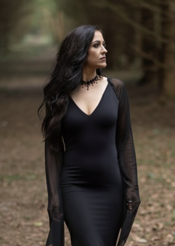 Emily, tarot reader, standing in a woodland avenue in a long black dress